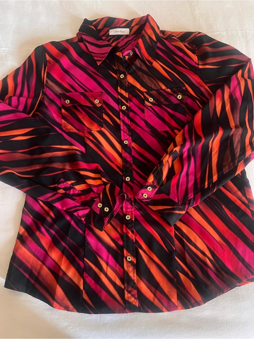 Calvin Klein Diagonal Stripe Button-Front Shirt — Fuchsia, Orange & Black - Picture 3 of 5